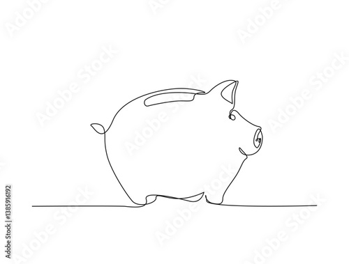 Piggy bank in single line draw illustration. Continuous one line drawing of pig saving money box. Editable stroke.