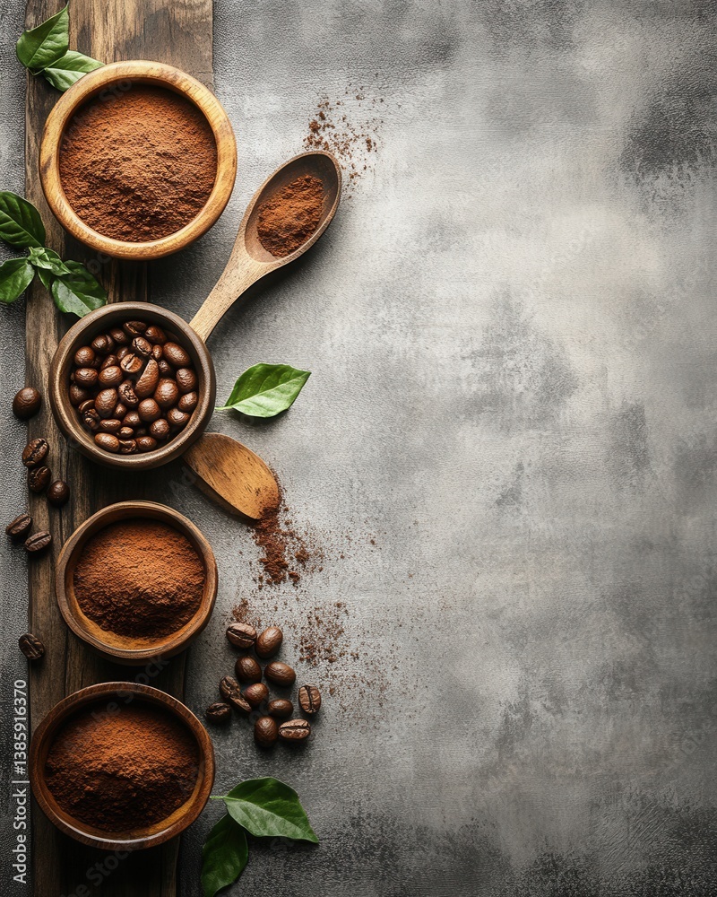 Rustic Coffee Still Life with Wooden Bowls and Fresh Green Leaves on Textured Gray Background