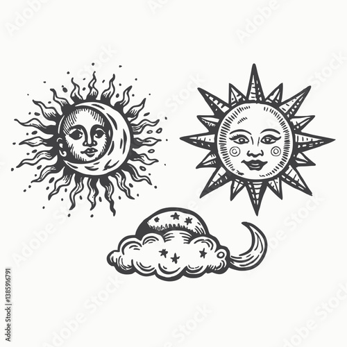 Sun and moon mystical elements in boho style, cloud, sun and crescent moon with face. Vector Hand Drawn Illustration Isolated On Transparent Background
