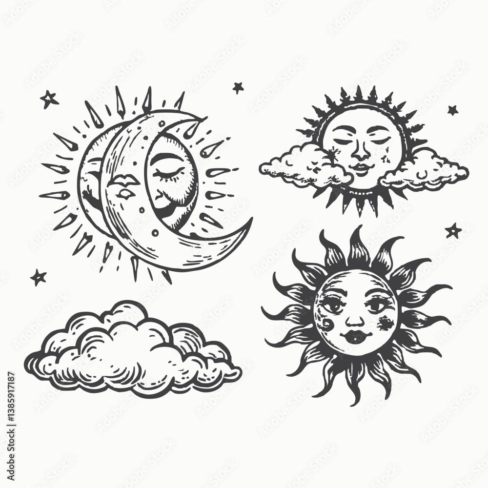 Obraz premium Black silhouette Antique style hand drawn art golden sun, crescent moon and stars over blue black sky. vector icon isolated on white background
