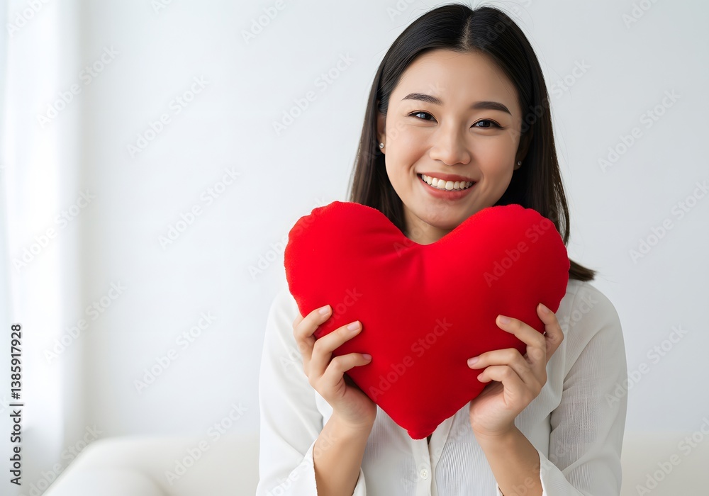 Smiling Asian Woman Holding a Red Heart Pillow Love, Happiness, Affection, Romance, Valentine's Day Concept. Smiling Asian Woman Holding a Red Heart Pillow Love, Happiness, Affection, Romance, Valentine's Day Concept.
