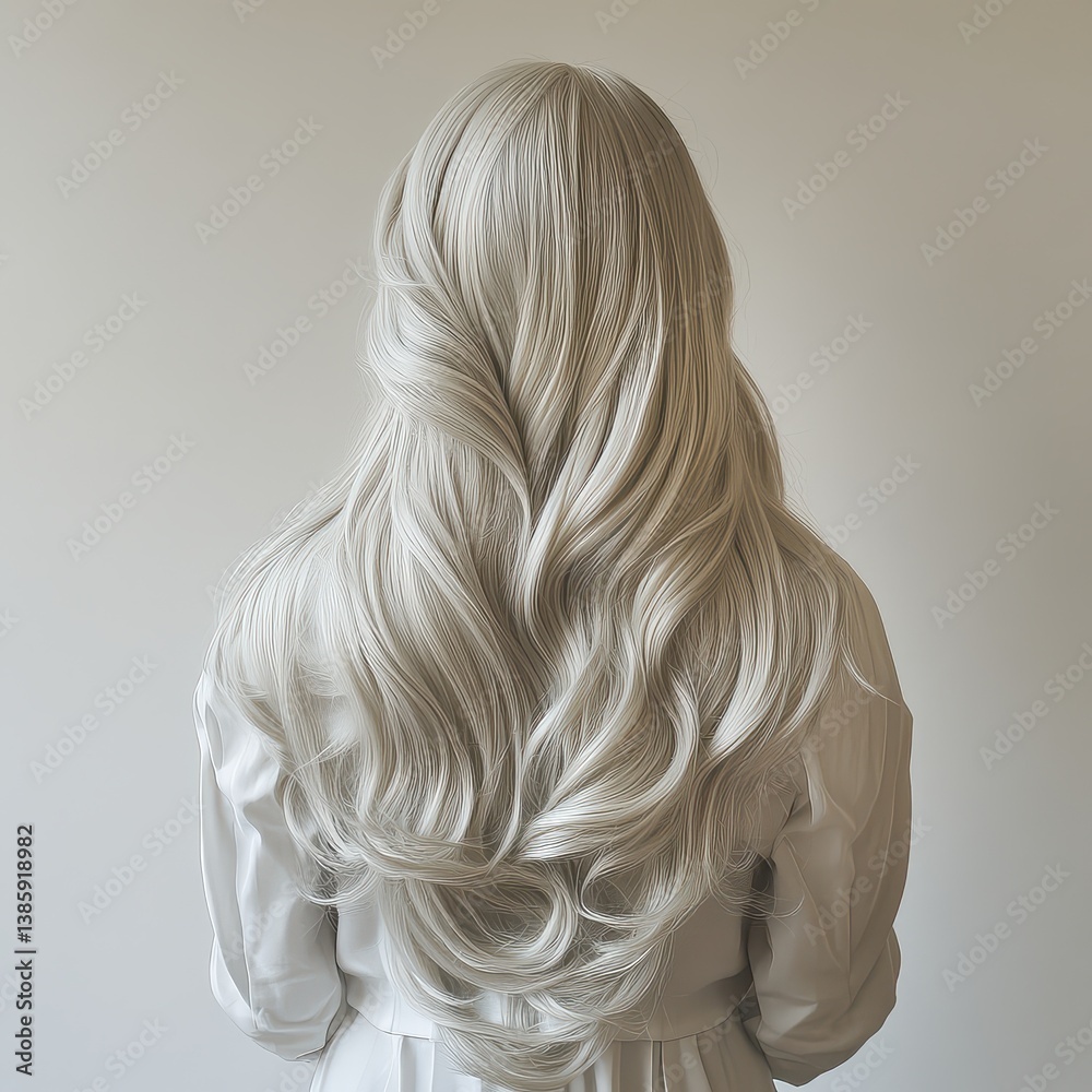 Naklejka premium Long Silvery Hair on Woman in White Blouse from Back View
