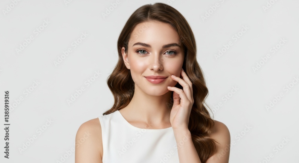 Elegant woman with long hair smiling in casual white outfit Elegant woman with long hair smiling in casual white outfit