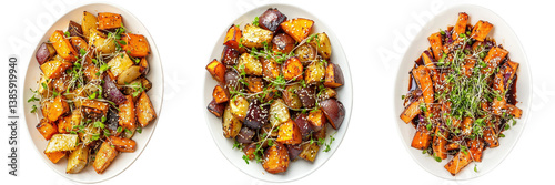 Roasted Root Vegetables with Sesame Seeds and Sprouts.