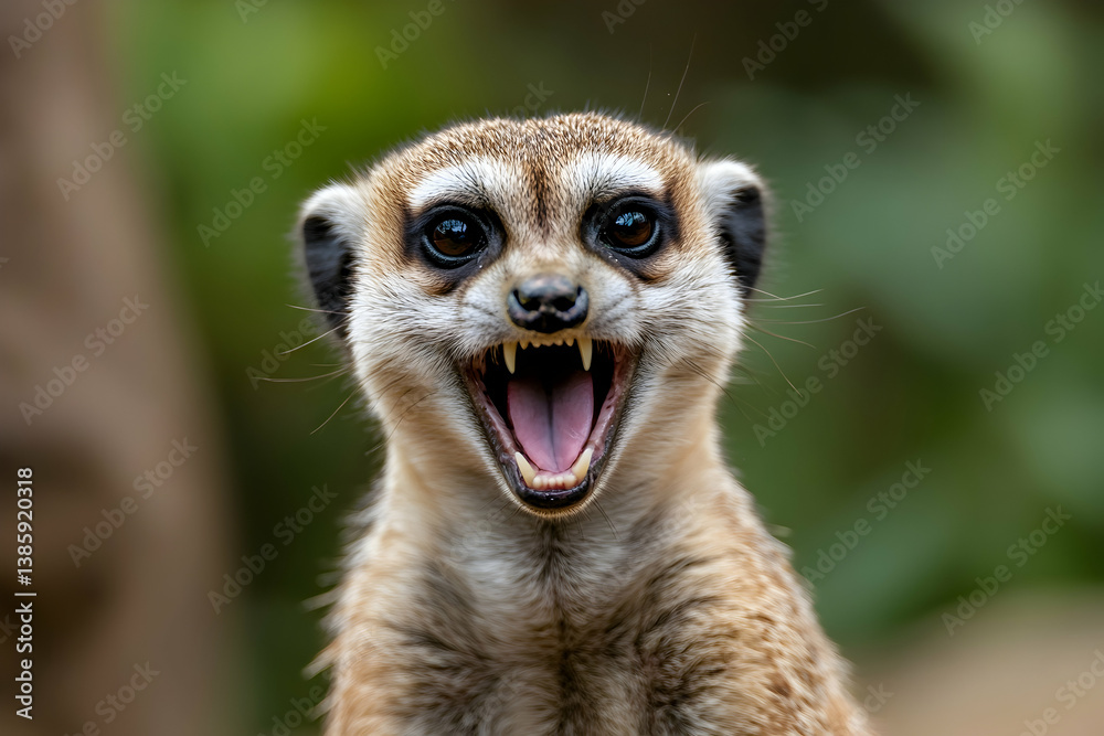 Meerkat shows its teeth in a lively display while foraging in a lush habitat during daylight hours Meerkat shows its teeth in a lively display while foraging in a lush habitat during daylight hours