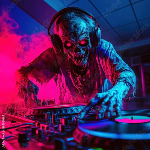 A goofy zombie DJ with oversized headphones, spinning haunted vinyl records at a Halloween party, neon lights reflecting off the floor, cinematic depth of field, expressive


