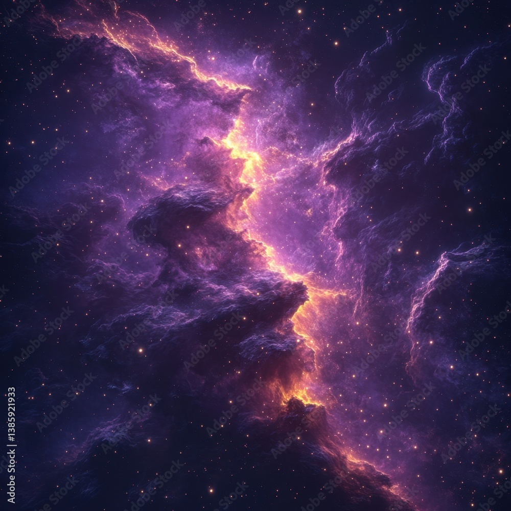 Obraz premium Ethereal nebula of cosmic dust and gas with vibrant purple and gold hues creating a celestial spectacle and a sense of wonder in deep space