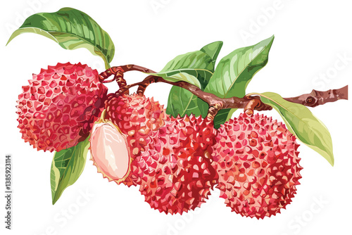 Lychee berries isolated on a white background. Litchi chinensis. Branch with ripe fruits and leaves.