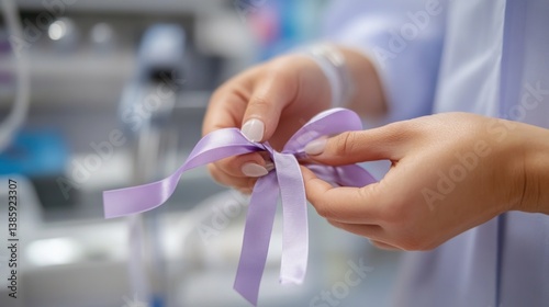 Hands carefully crafting a delicate lavender ribbon bow for breast cancer awareness