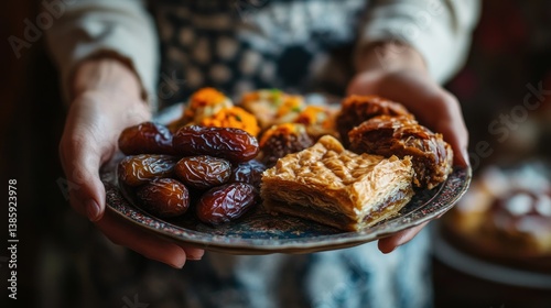 Close-up of Hands Presenting a Plate of Traditional Middle Eastern Sweets