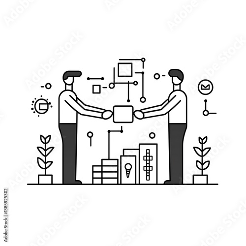 Minimalist line-art showing businesspeople exchanging symbolic assets