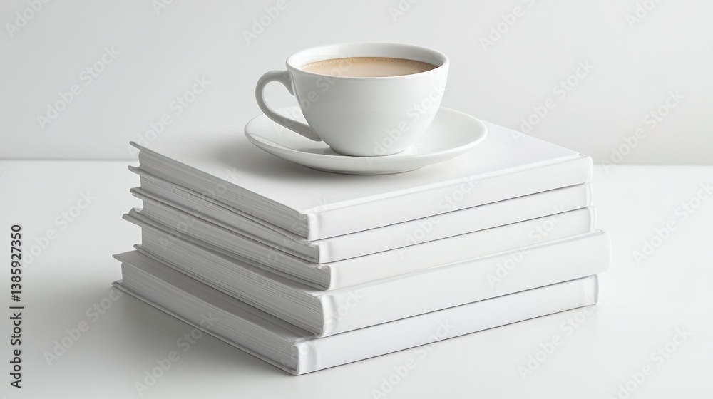 A stack of hardcover books with a coffee cup on top, on a white background A stack of hardcover books with a coffee cup on top, on a white background