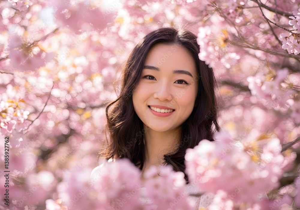 Smiling Asian Woman Surrounded by Pink Cherry Blossom Flowers in Springtime Sunlight. Smiling Asian Woman Surrounded by Pink Cherry Blossom Flowers in Springtime Sunlight.
