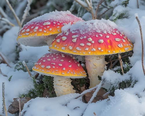 Poisonous mushrooms snow forest photo