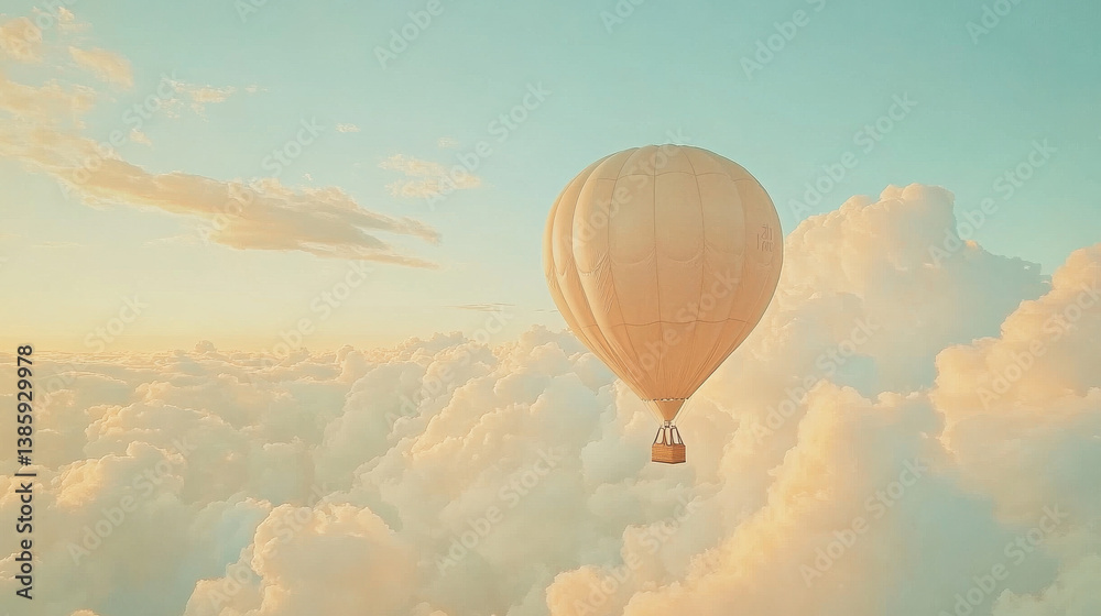 Obraz premium Dreamy hot air balloon ride above fluffy golden clouds, balloon with creamy fabric and caramel accents, sky tinted in soft twilight blues and apricot