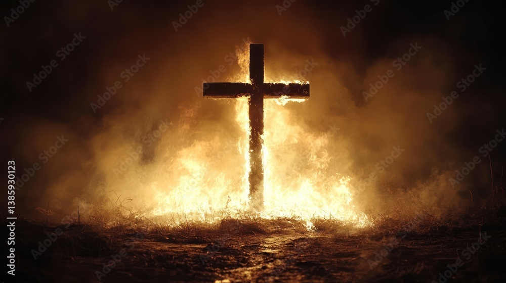 Naklejka premium Burning Cross: A Symbol of Faith and Sacrifice in Flames