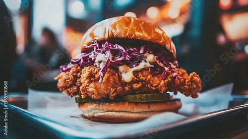 Close-up of a crispy fried chicken sandwich with vibrant purple cabbage, crunchy pickles, and creamy mayonnaise in a soft bun under warm ambient lighting