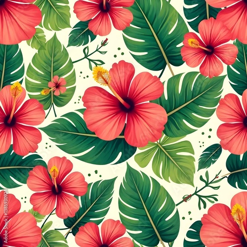 Seamless tropical hibiscus flower and monstera leaf pattern in bold Hawaiian summer-inspired colors

