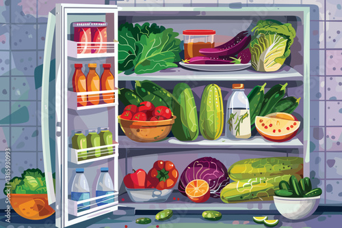 Refrigerator with lots of food illustration