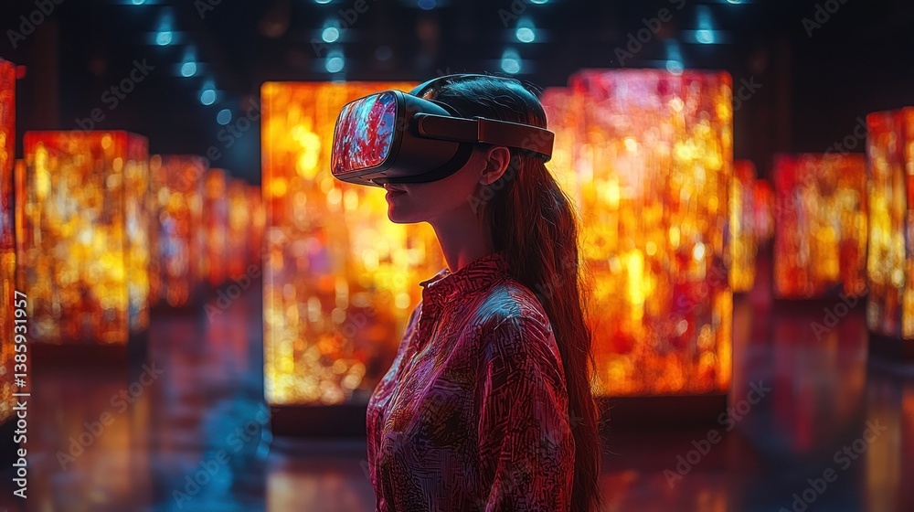 Obraz premium Woman using VR headset in art gallery.
