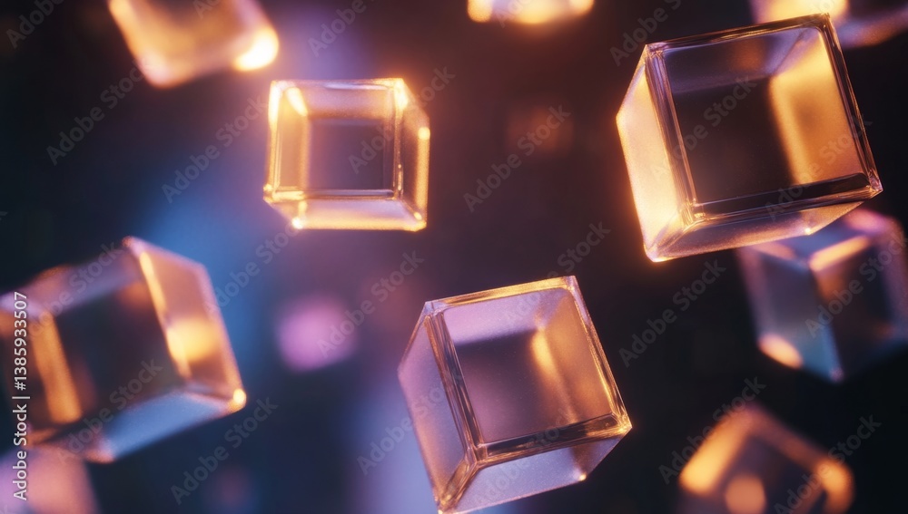 Floating glass cubes, glowing, dark background, abstract, digital art Floating glass cubes, glowing, dark background, abstract, digital art