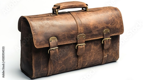 A high-quality leather briefcase with brass hardware, on a white background