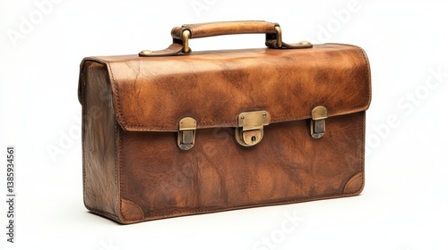 A high-quality leather briefcase with brass hardware, on a white background