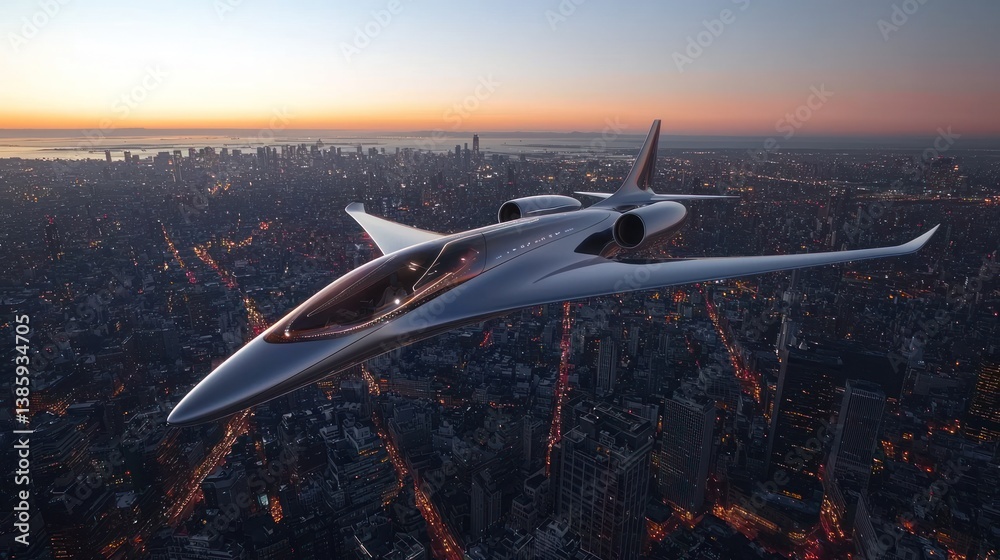 Futuristic aircraft flying over cityscape at dawn.