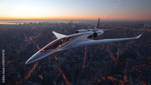Obraz na płótnie Futuristic aircraft flying over cityscape at dawn. w salonie