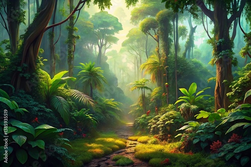 Fototapeta Naklejka Na Ścianę i Meble -  Panoramic Lush Jungle Landscape: Vibrant Green Canopy, Sunlight Dappled Forest Floor