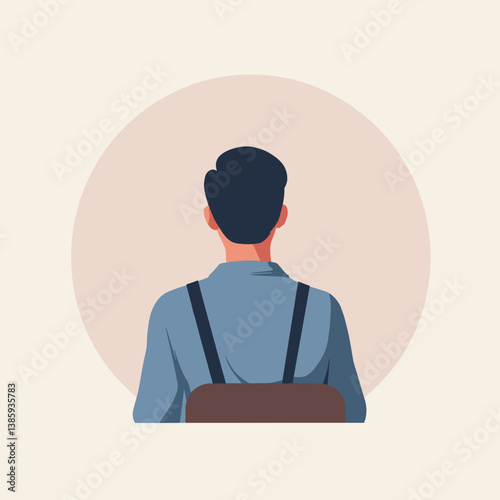 Back view of a man wearing suspenders and sitting against a circle  
