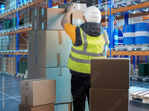 Man works in warehouse. Sto...