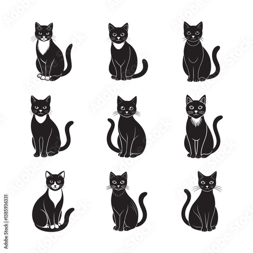 Cute cartoon vector set of black sitting cat silhouettes, fun feline pets