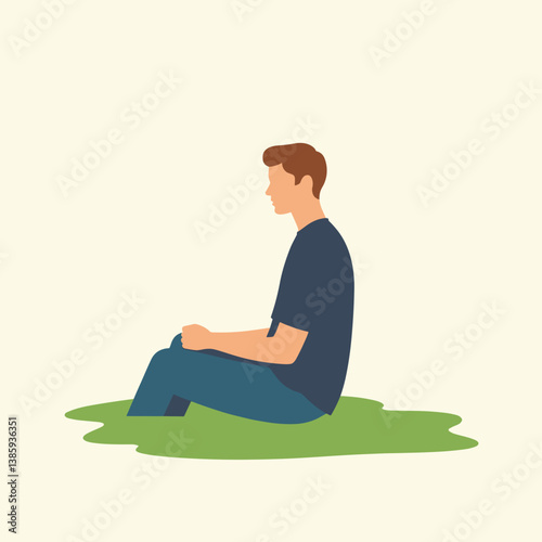 Man sitting calmly on grass against a light background  