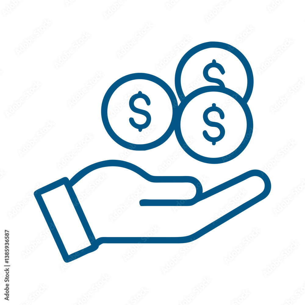 Hand holding coins icon in outline vector Hand holding coins icon in outline vector