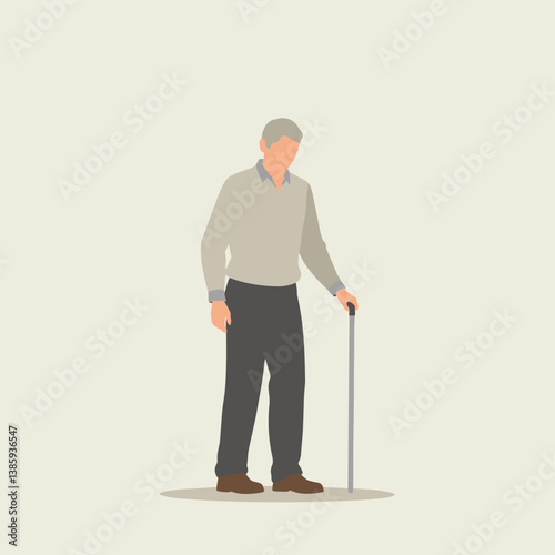 Elderly man standing with a cane against a light background  