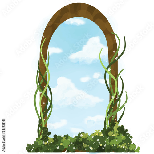A tall, arched wooden window wrapped in green vines, opening to a sky of fluffy clouds. The dreamy look brings freshness and a touch of magic to any nature-themed design.

