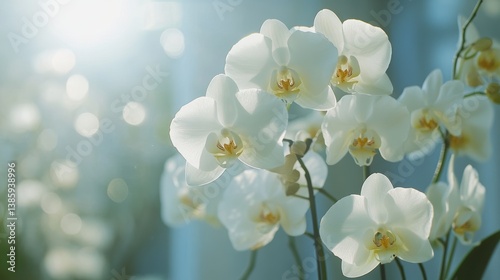 A beautiful white orchid flower in full bloom, on a white background