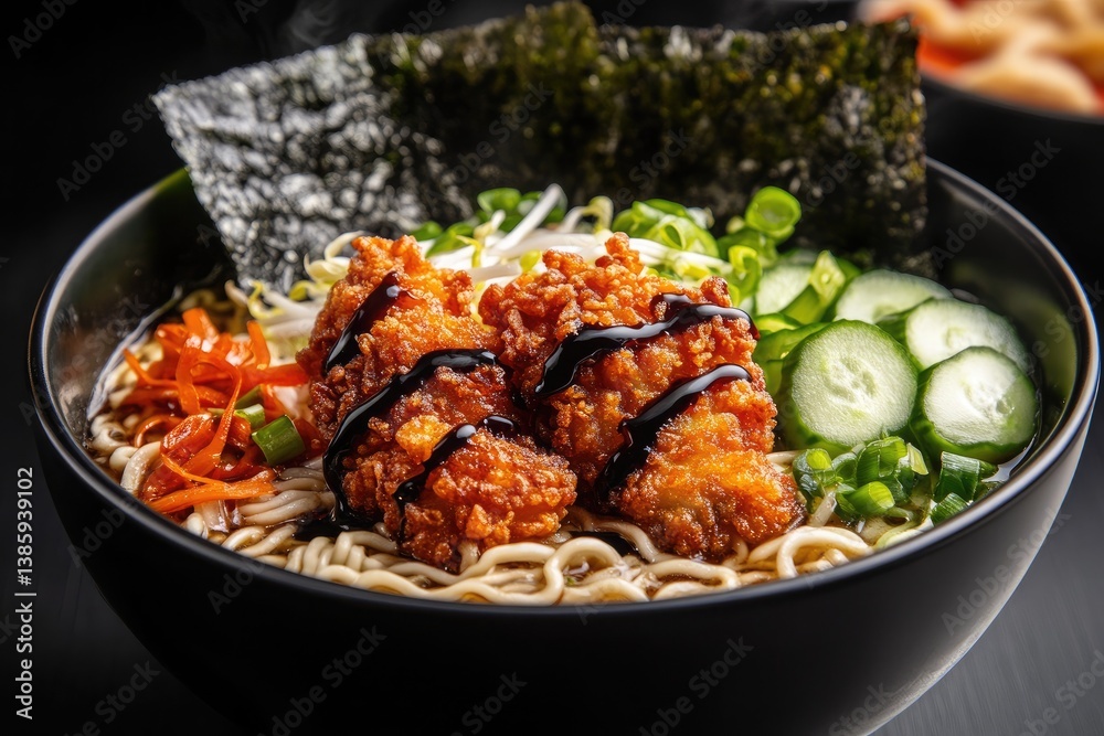 noodles are tender and delicate, nestled in a creamy ramen broth, entwined with bean sprouts, chopped green onions, and crunchy cucumber slices, noodles are tender and delicate, nestled in a creamy ramen broth, entwined with bean sprouts, chopped green onions, and crunchy cucumber slices,
