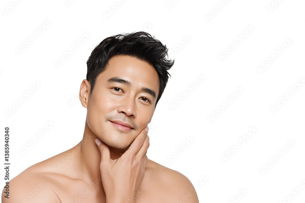 Young Chinese man with clean skin touching his face on white background Young Chinese man with clean skin touching his face on white background