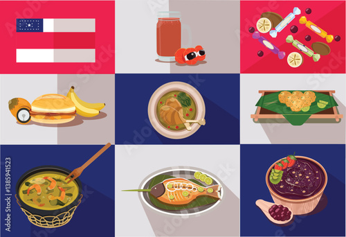 Food vector set of famous dishes from the state of Amazonas,in Brazil. This set includes dishes made with typical fruits from the region like açai, guarana and cupuaçu. 