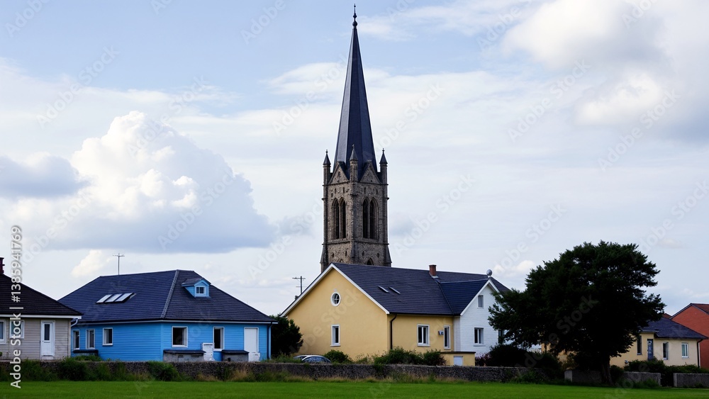 Fototapeta premium A church steeple towering over a row of houses.
