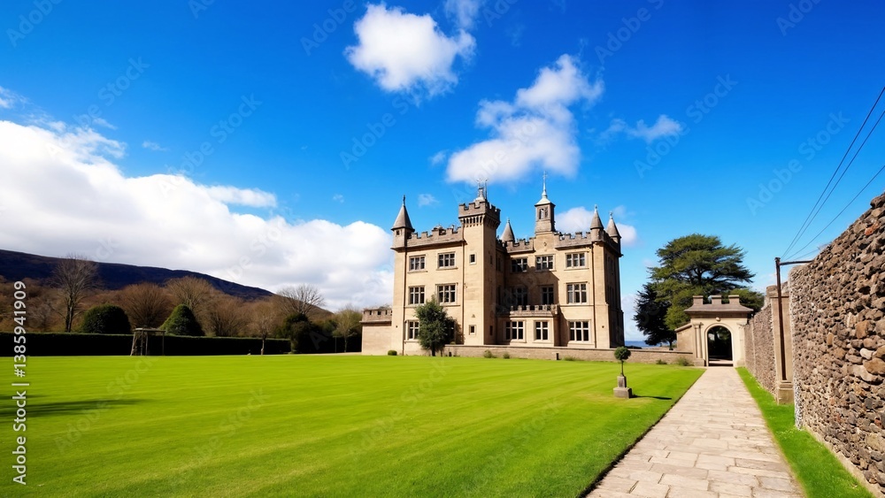Fototapeta premium A large stone building with a green lawn in front of it.