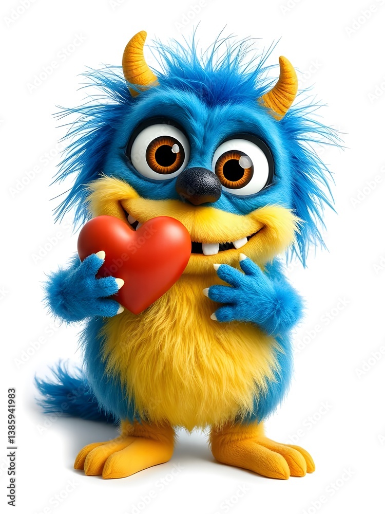 Fototapeta premium Funny fluffy creature with big eyes and a smile. White background. Created with Generative AI technology