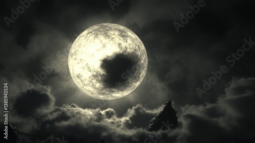 Eerie moonlit nightscape with dramatic clouds and rocky peaks creating a mysterious and captivating scene with celestial glow