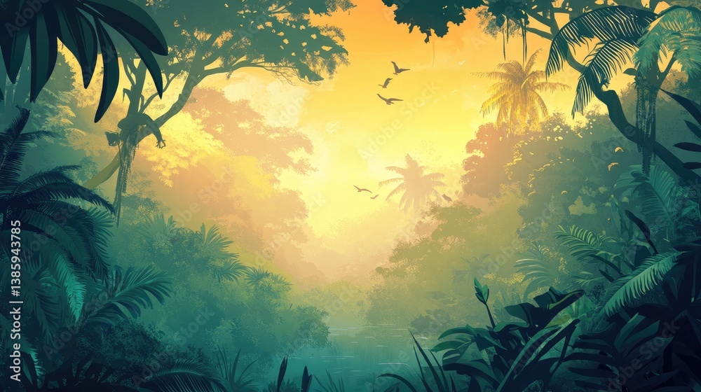 Naklejka premium Golden Hour in the Lush Tropical Rainforest