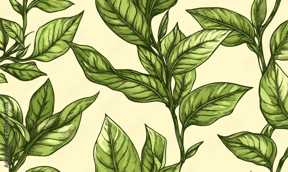 seamless pattern with green hand drawn tea leaves and branches isolated on white background. seamless pattern with green hand drawn tea leaves and branches isolated on white background.