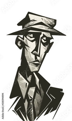 Man in hat and tie drawn with pencil. Vector illustration