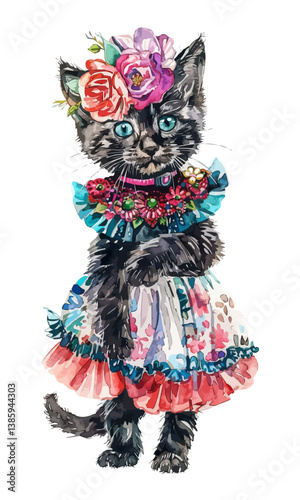 Adorable cat wearing glamorous clothing, white background, watercolor style