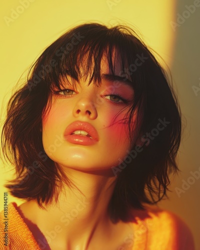 Captivating beauty portrait of a young woman with vibrant makeup and short dark hair bathed in warm sunlight